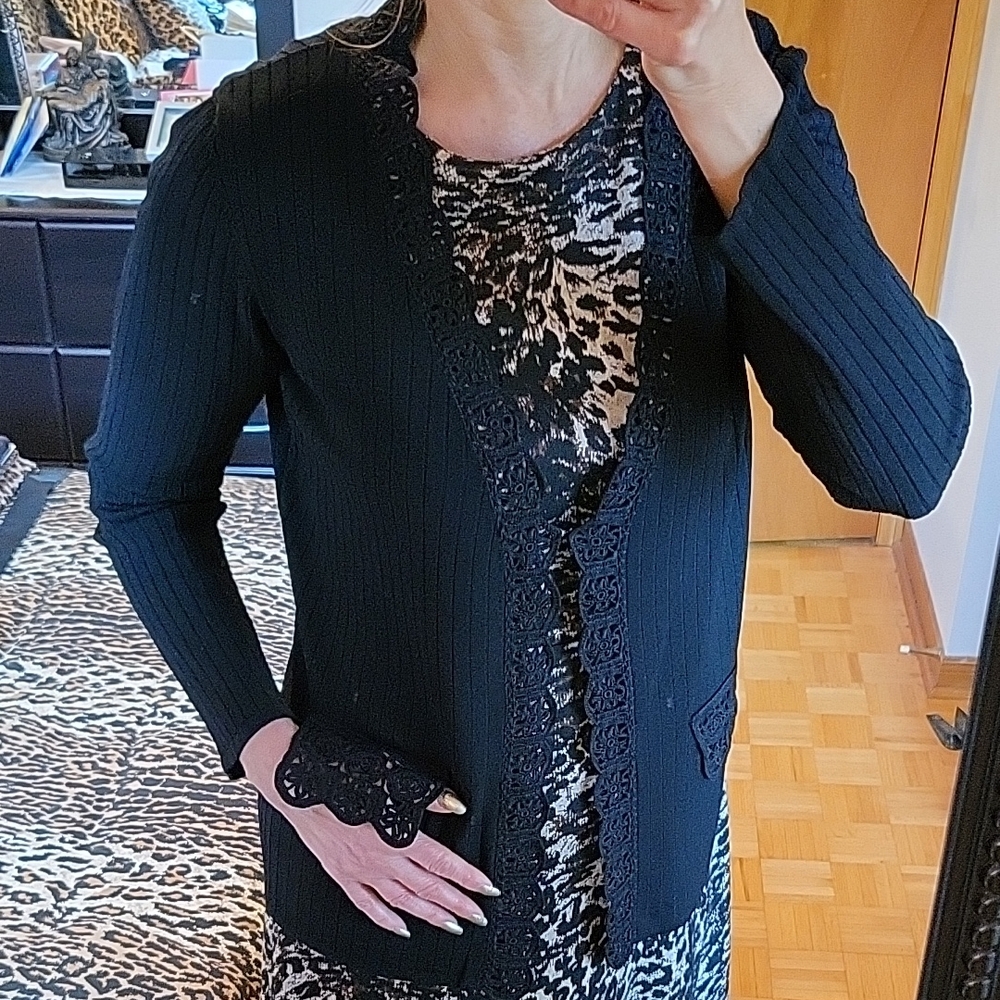 Black Cardigan Sweater with Fine Classic Knit & Crochet Lace Trim, M/L